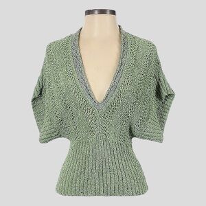 Cartise Seafoam Green Open Knit Boho Festival Plunge Dolman Sweater Size S